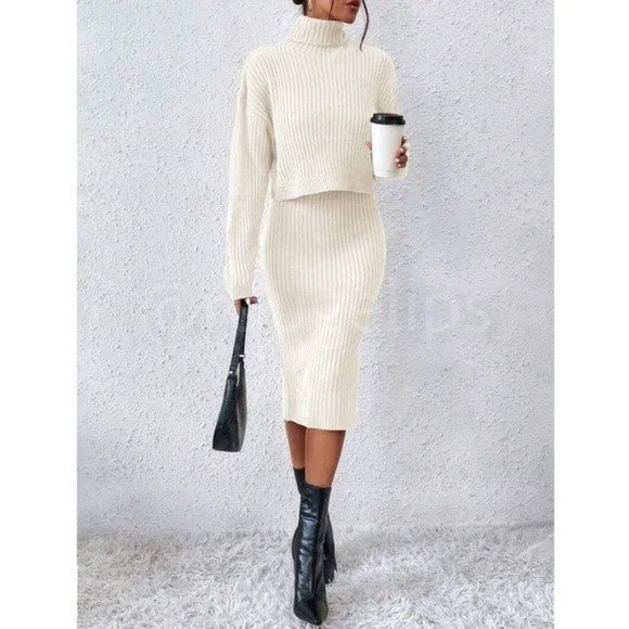 Two Piece White Knit Midi Pencil Dress and Turtleneck Pullover Sweater - Picture 2 of 7